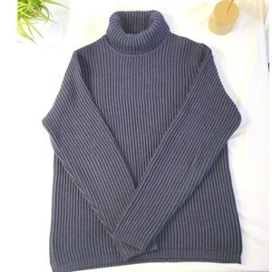 Vintage Express Mens L Navy Blue Italian Wool Turtleneck Fisherman Sweater Heavy